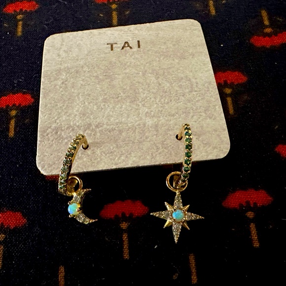 Tai Mini Gold and Opal Charming Crescent Star Opal Huggie Earrings Set - Picture 1 of 6